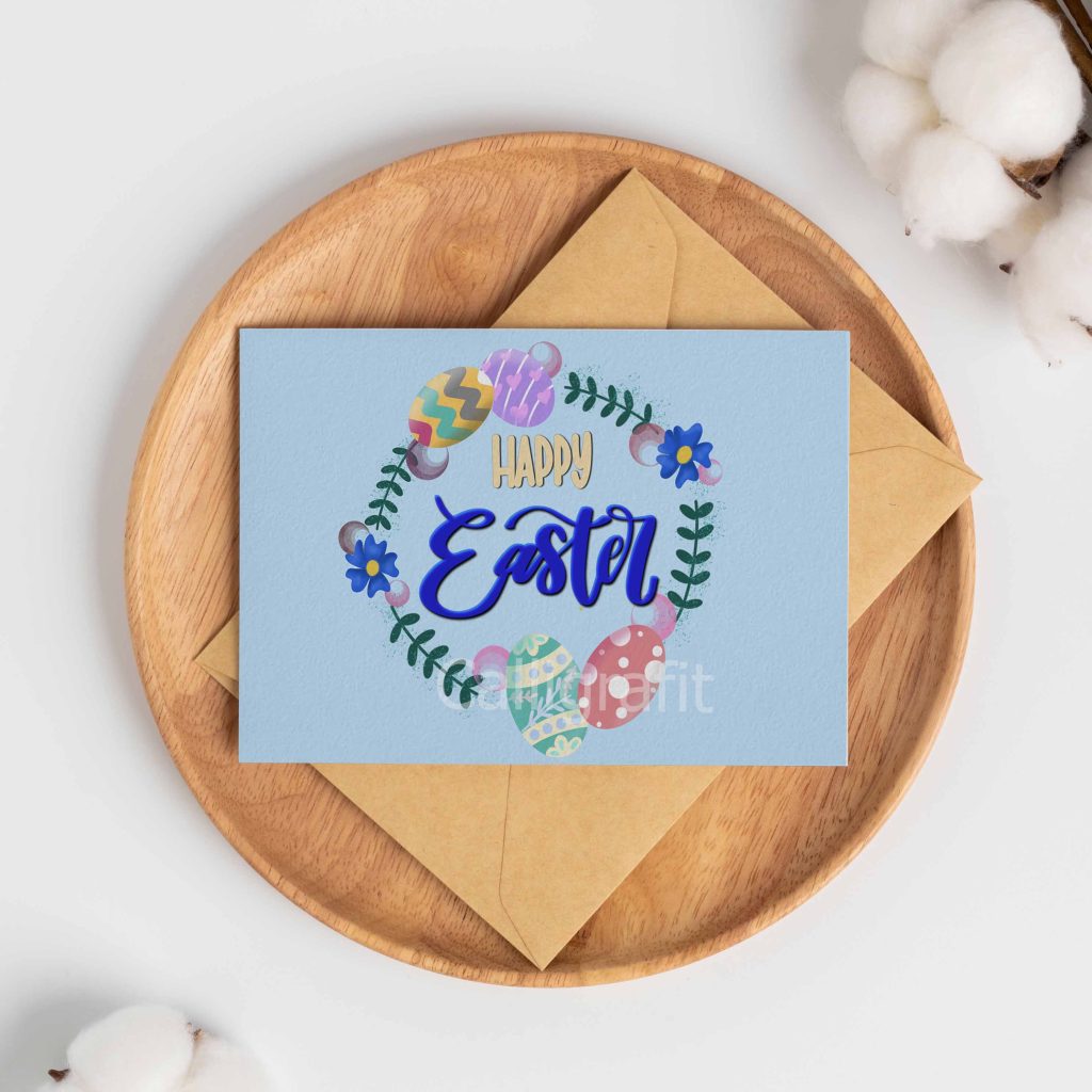  A charming Easter mock-up card featuring a wreath adorned with delicate leaves and colorful Easter eggs, evoking a festive and welcoming atmosphere.