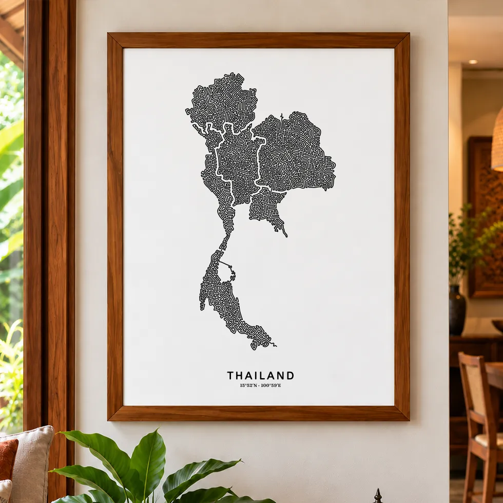 Poster of Thailand, drawn with one line, in a teak wood frame.